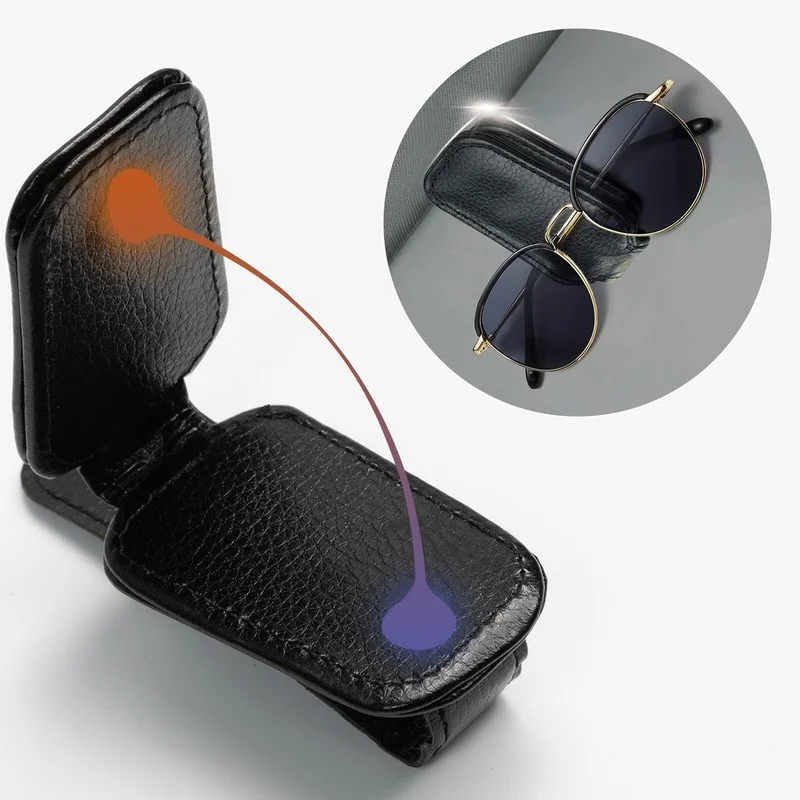 Black Car Sunglasses Holder For Sun Visor Magnetic Leather Eyeglass Hanger Clip