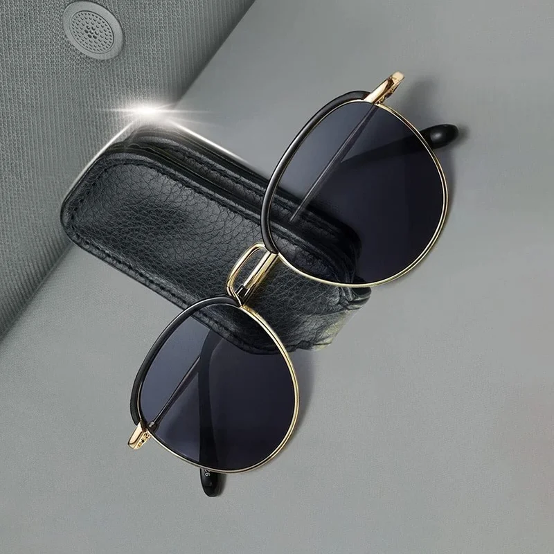 Black Car Sunglasses Holder For Sun Visor Magnetic Leather Eyeglass Hanger Clip 2