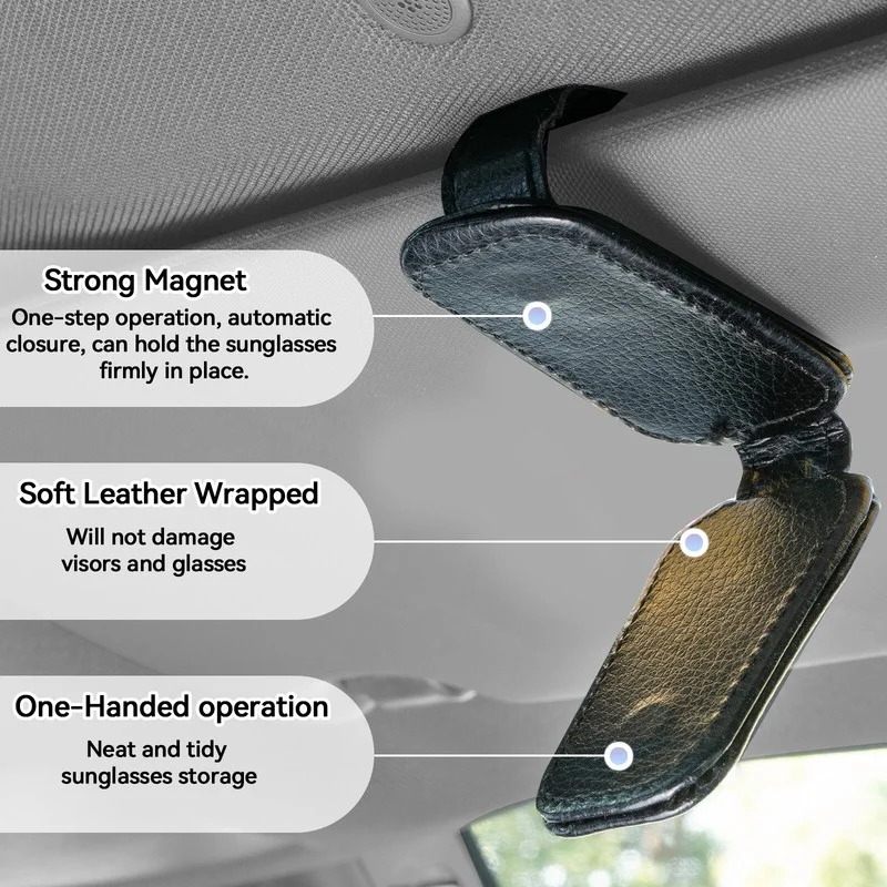 Black Car Sunglasses Holder For Sun Visor Magnetic Leather Eyeglass Hanger Clip 4