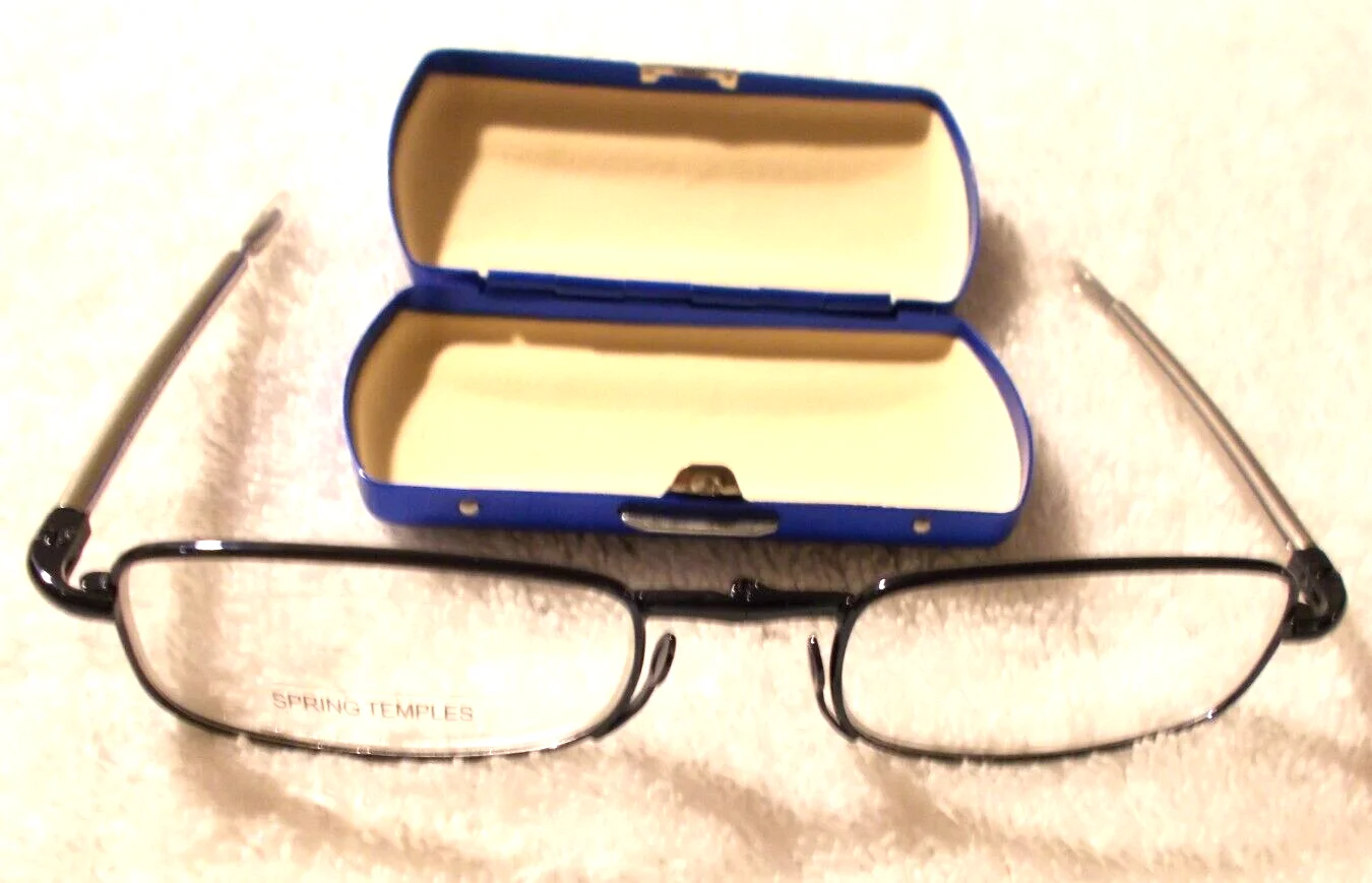 Black Folding Reading Glasses/Blue Case Telescopic Arms & Spring Hinge +2.00 3
