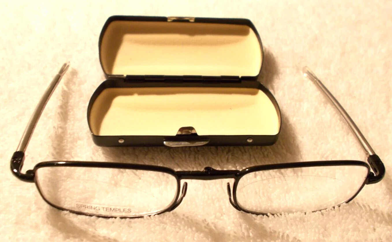 Black Frame Folding Reading Glasses/Case Telescopic Arms & Spring Hinge +1.50 3