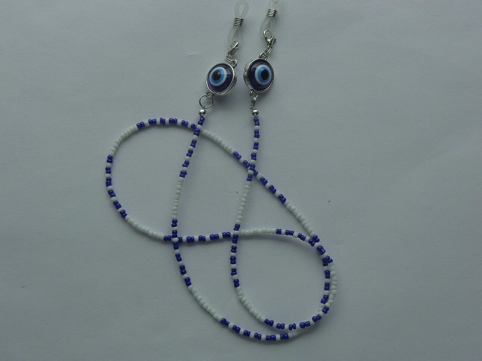 BLUE DOUBLE SIDED EVIL EYE PROTECTION BEADED EYEGLASS HOLDER NECKLACE CHAIN