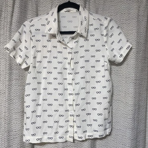 Bohme Women Button-Up Shirt 100% Rayon Eyeglasses Print White & Black Sz XS