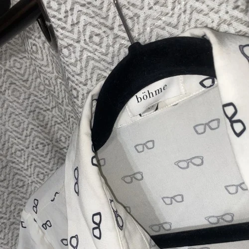 Bohme Women Button-Up Shirt 100% Rayon Eyeglasses Print White & Black Sz XS 2