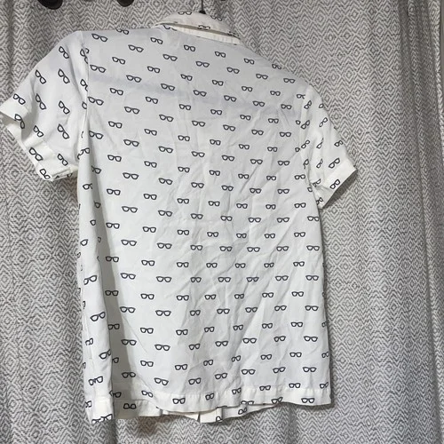 Bohme Women Button-Up Shirt 100% Rayon Eyeglasses Print White & Black Sz XS 3