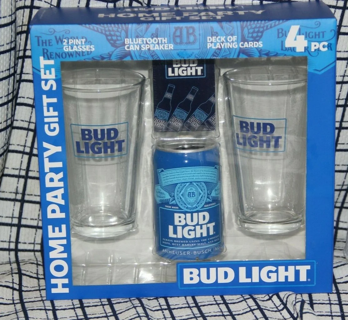 Bud Party Gift Set, 2 Bud Glasses and One Bud Can with Speaker, No Playing Cards