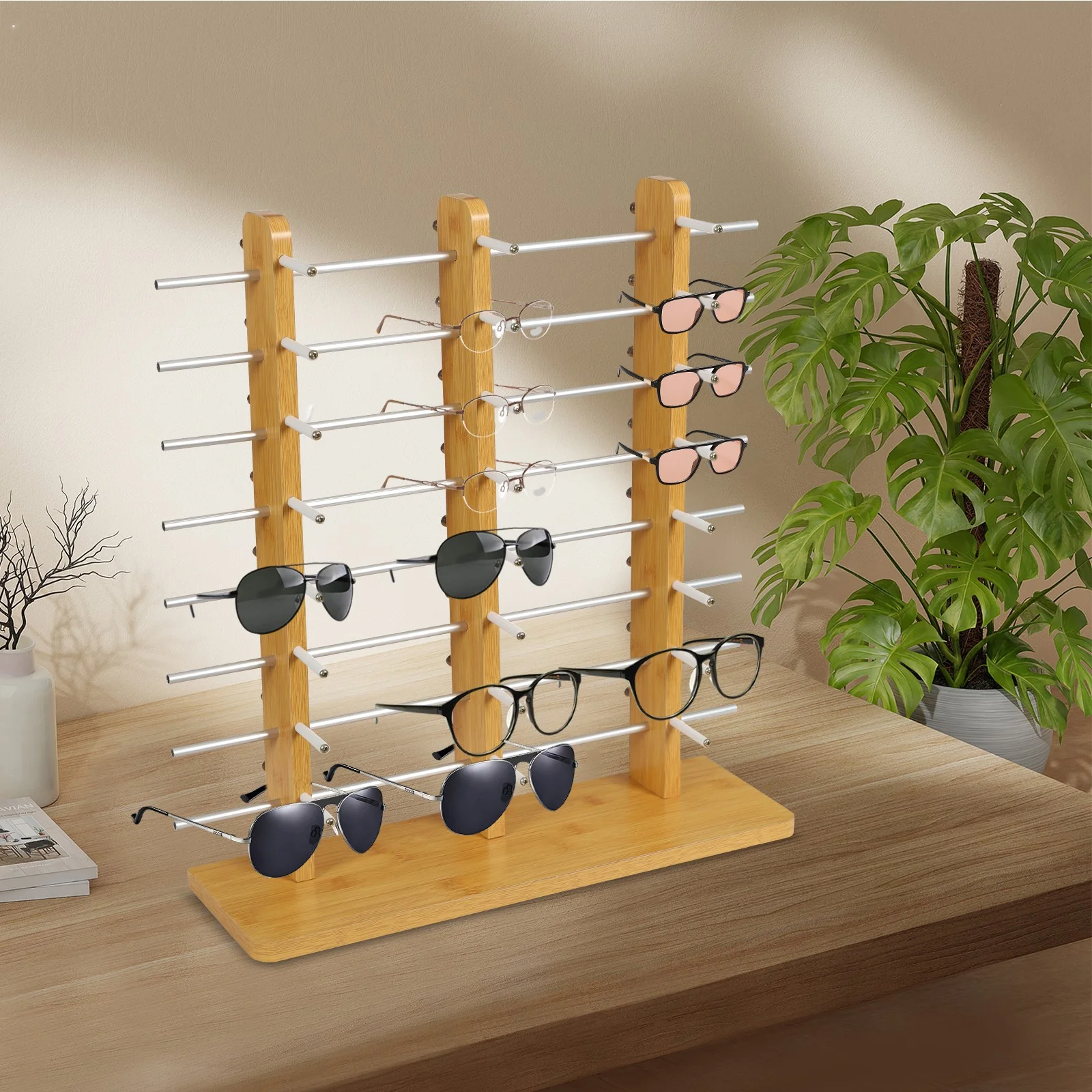 Burnt Wood Sunglasses Holder Organizer Wall Mounted Eyeglasses Display Rack 3