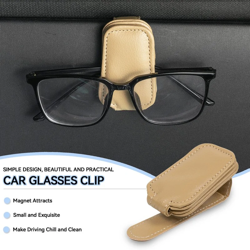 Car Sunglasses Holder for Sun Visor Magnetic Leather Eyeglass Hanger Clip Beige☆
