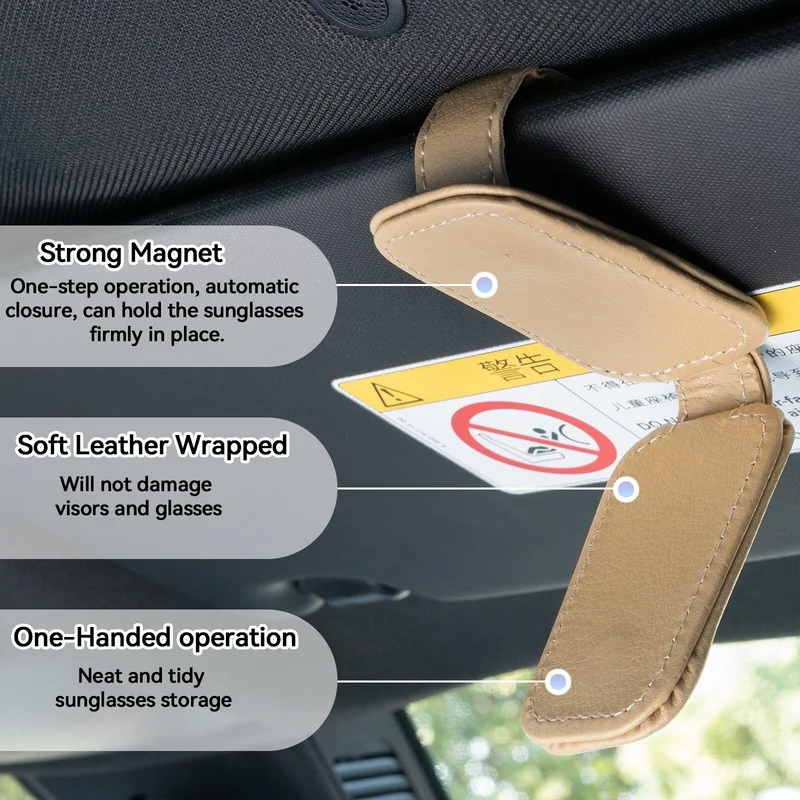 Car Sunglasses Holder for Sun Visor Magnetic Leather Eyeglass Hanger Clip Beige☆ 3
