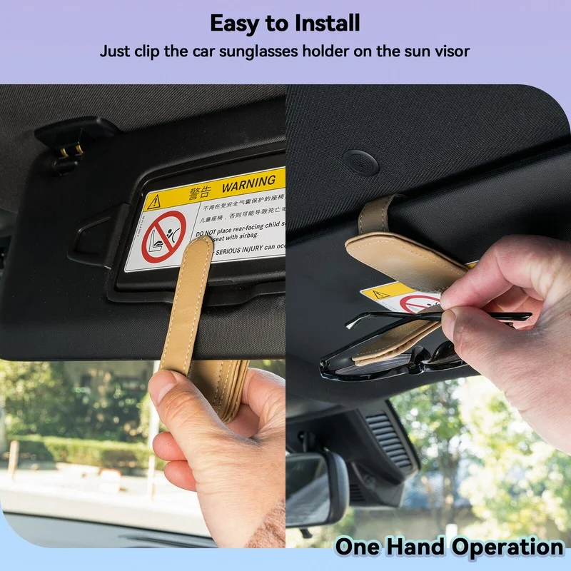 Car Sunglasses Holder for Sun Visor Magnetic Leather Eyeglass Hanger Clip Beige☆ 4