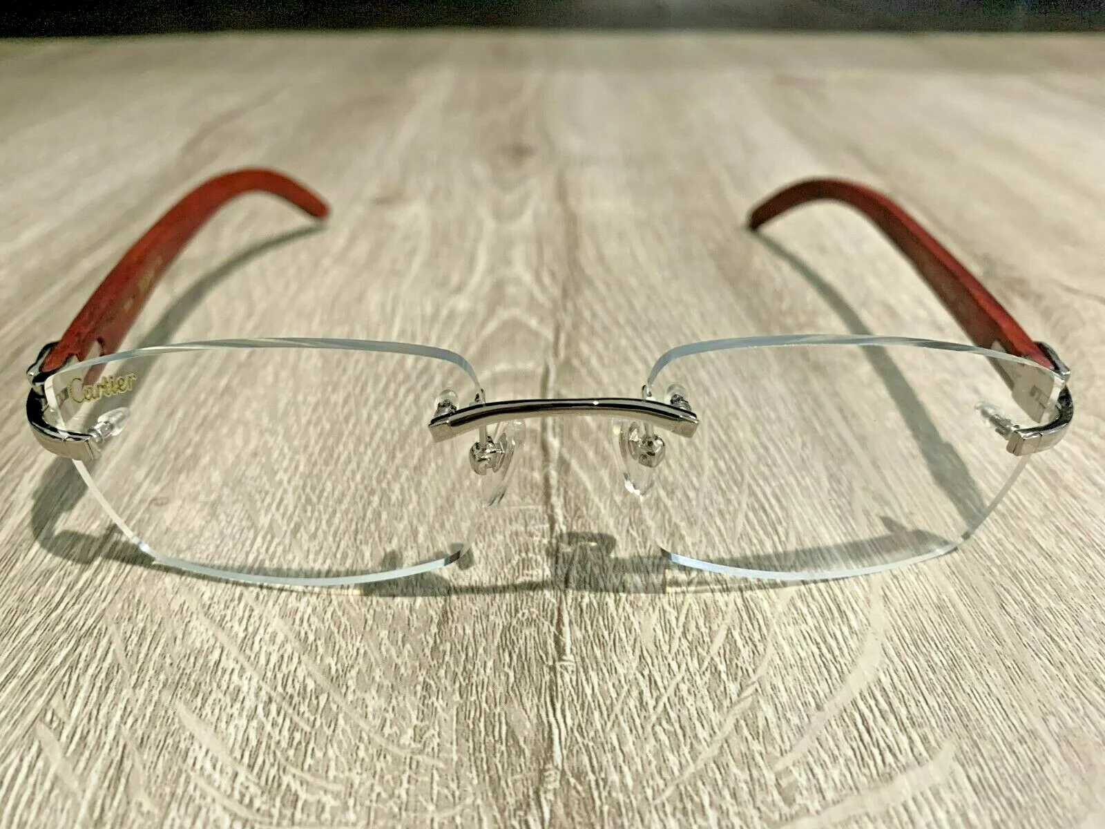 Cartier 3524012 Clear Lens Silver Frame Wood Material Eyeglasses