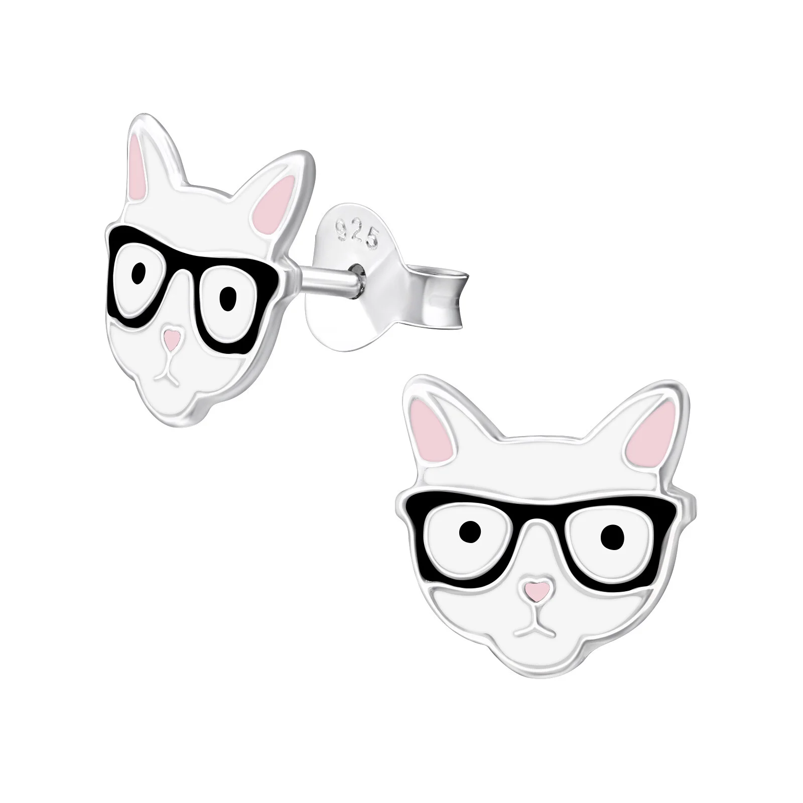Cat with Eyeglass Stud Earrings 925 Sterling Silver Push Back, Epoxy