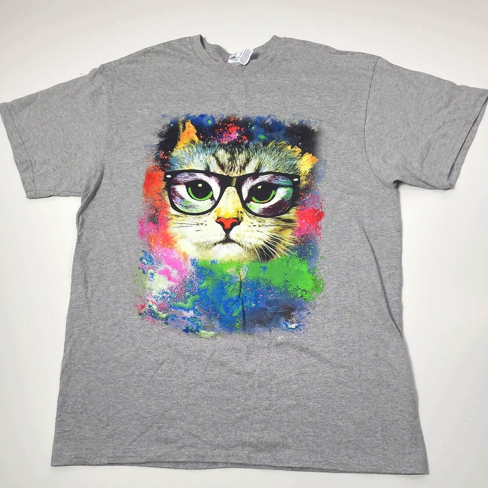 Cat In Eye Glasses Print Gray Short Sleeves T-Shirt sz L