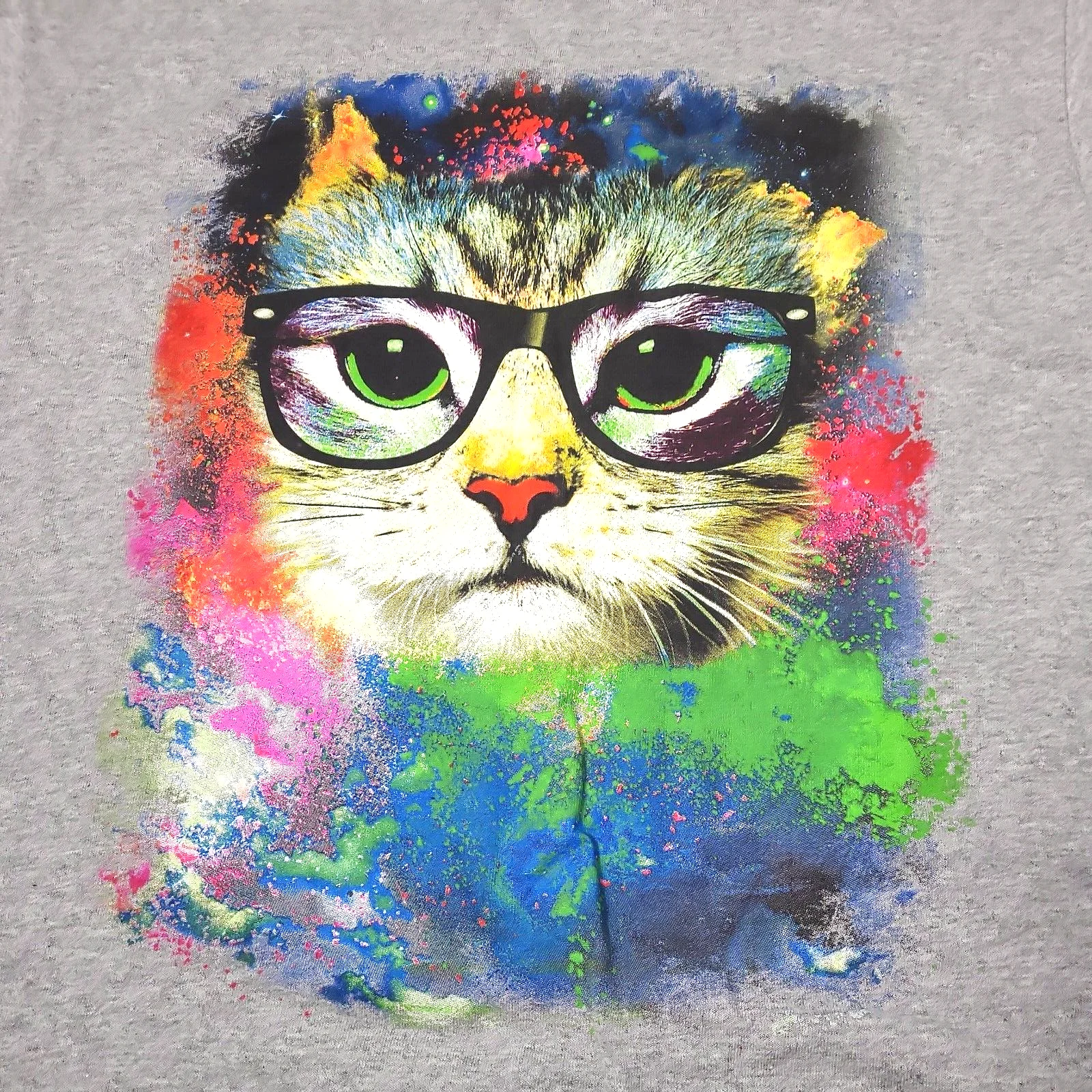 Cat In Eye Glasses Print Gray Short Sleeves T-Shirt sz L 2