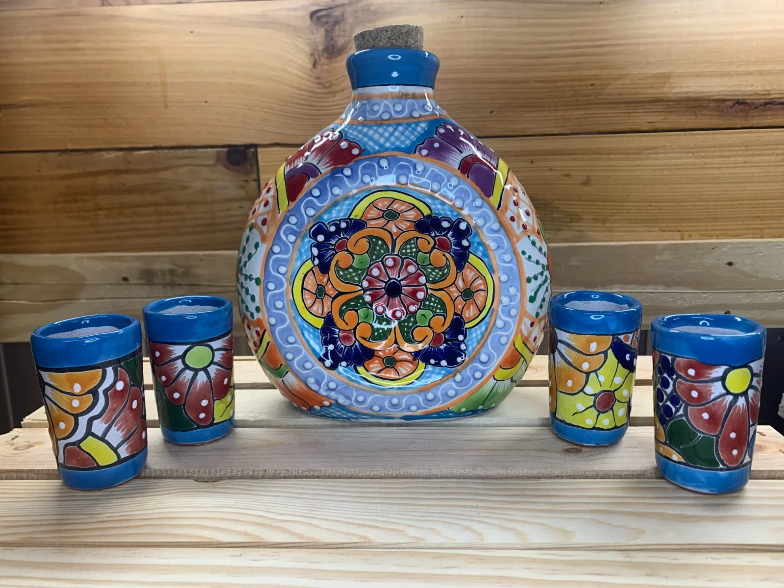 Ceramic Talavera 5 Piece Liquor Tequila Drink Set Decanter Shot Glasses Barware