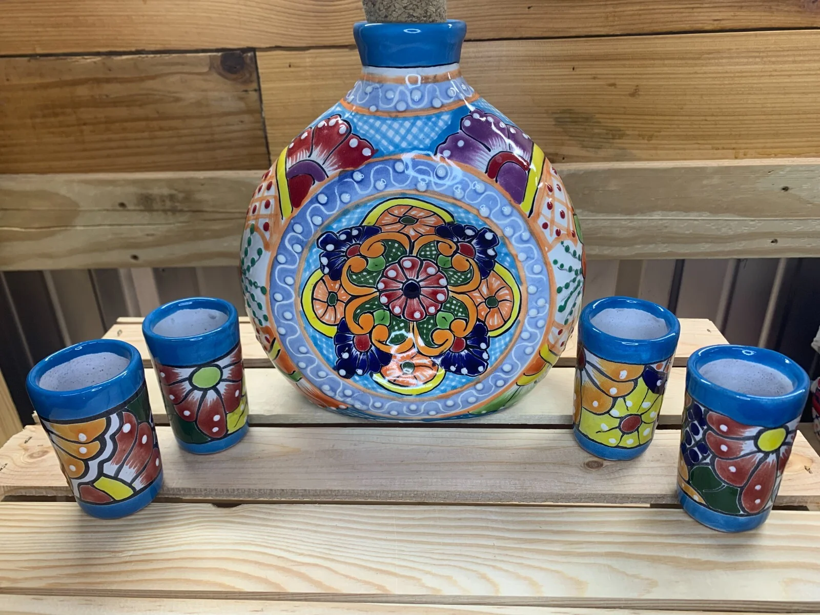 Ceramic Talavera 5 Piece Liquor Tequila Drink Set Decanter Shot Glasses Barware 2