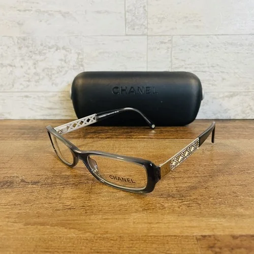 Chanel 3086-B Eyeglasses Glasses Gray Silver Black Stones Demo Lens With Case