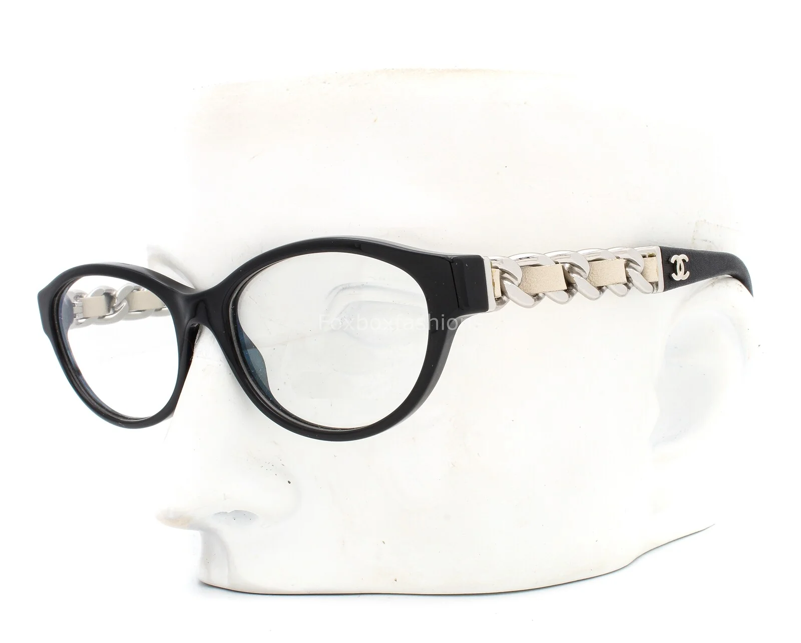 Chanel 3223Q 501 Eyeglasses Glasses Black w/ Beige Leather Silver CC Logo 55mm