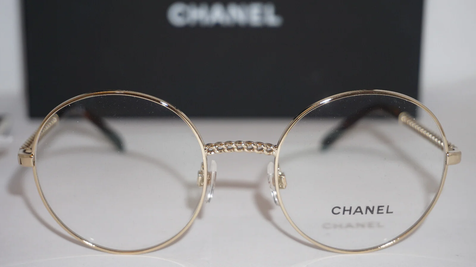 CHANEL Eyeglasses New Pale Gold Round w/ Chain Demo Len CH2186 C395 47 21 135