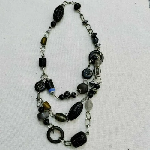 Chunky Glass Bead Linked Bib Necklace Layered Statement Artsy Olive Green Silver