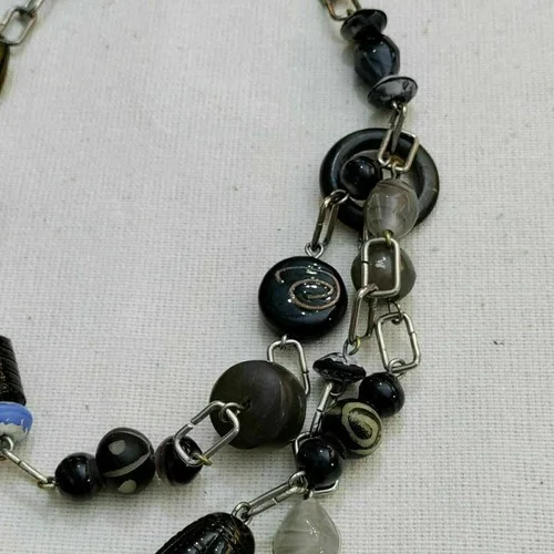 Chunky Glass Bead Linked Bib Necklace Layered Statement Artsy Olive Green Silver 2