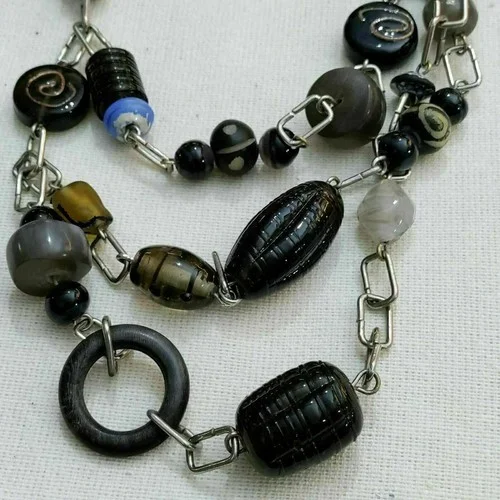 Chunky Glass Bead Linked Bib Necklace Layered Statement Artsy Olive Green Silver 3