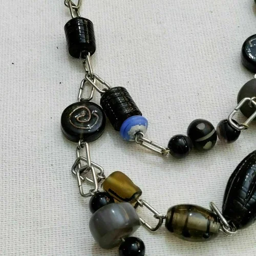 Chunky Glass Bead Linked Bib Necklace Layered Statement Artsy Olive Green Silver 4