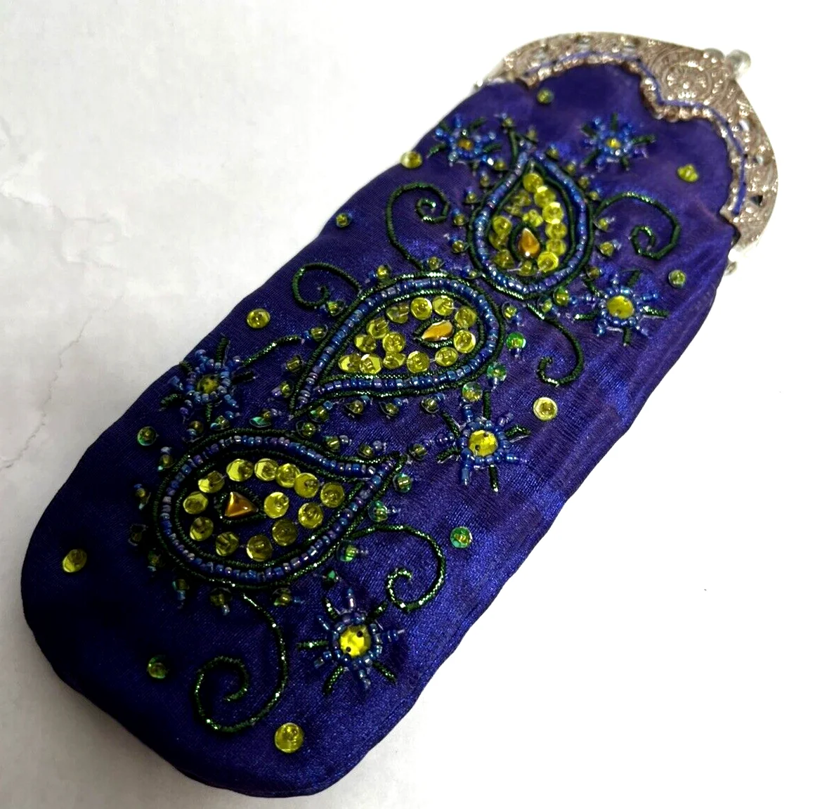Cigarette or Eye Glass Case Purple Satin w/Green Rhinestones U609