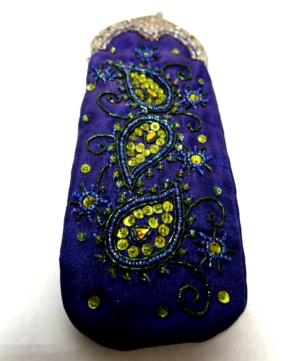 Cigarette or Eye Glass Case Purple Satin w/Green Rhinestones U609 2