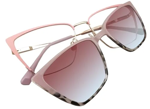 Circleperson Cat Eye Magnet glasses 2 in 1 Polarized clip on Sunglasses for Women 54-18-146 Metal Spring hinges(Pink/Gold,pink and baby blue)