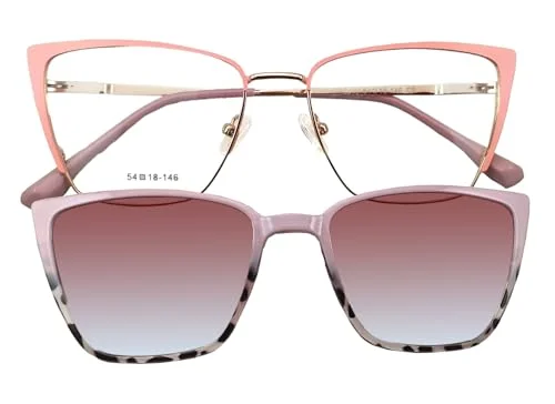 Circleperson Cat Eye Magnet glasses 2 in 1 Polarized clip on Sunglasses for Women 54-18-146 Metal Spring hinges(Pink/Gold,pink and baby blue) 3