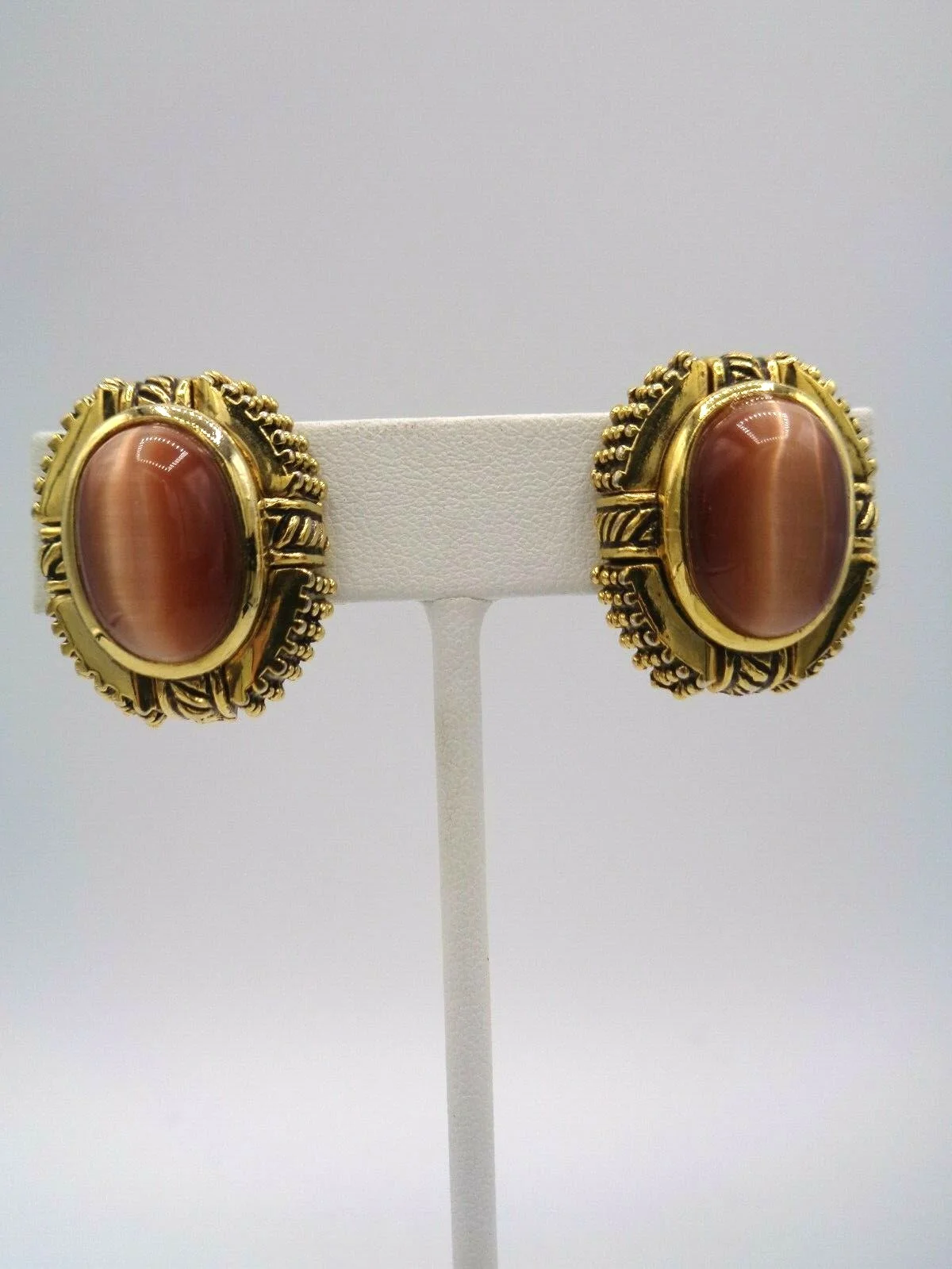 Classic Golden/Brown Cats Eye Glass & Gold Tone Halo Clip on Earrings 1