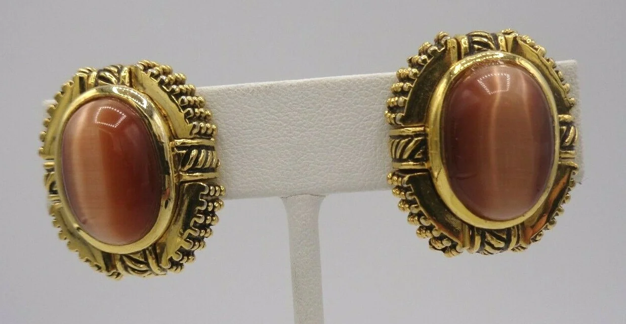 Classic Golden/Brown Cats Eye Glass & Gold Tone Halo Clip on Earrings 1 2