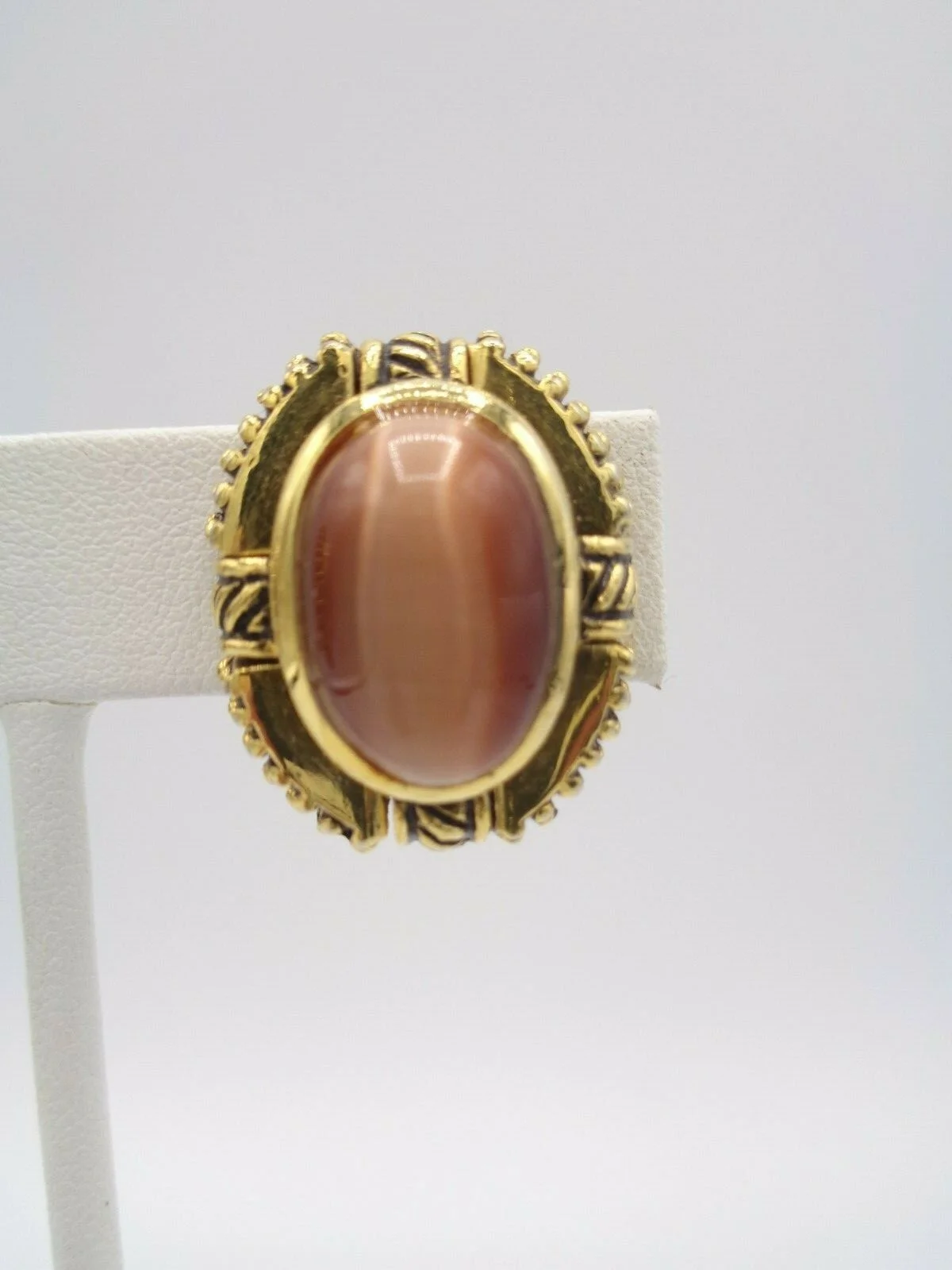 Classic Golden/Brown Cats Eye Glass & Gold Tone Halo Clip on Earrings 1 4