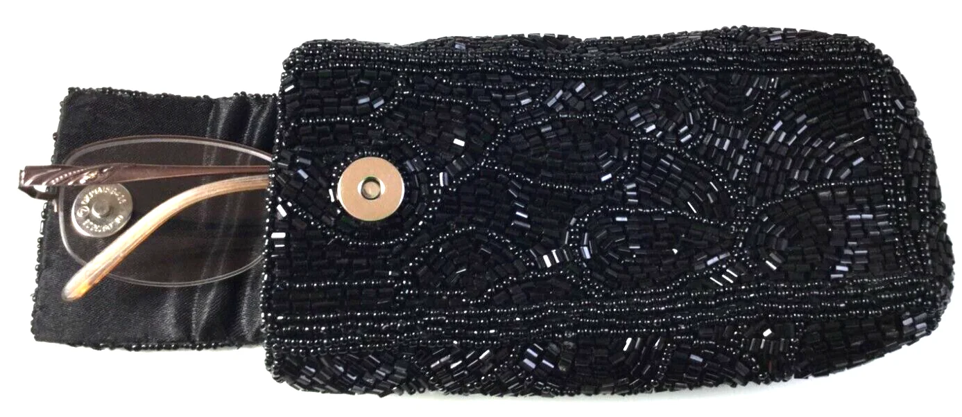 Classy Black Beaded Eyeglass Case Pouch Magnetic Snap Closure EUC 1