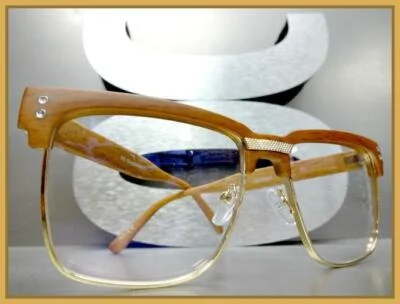 Classy Elegant Modern Retro Clear Lens EYE GLASSES Square Gold Faux Wooden Frame 2