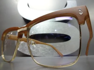 Classy Elegant Modern Retro Clear Lens EYE GLASSES Square Gold Faux Wooden Frame 3