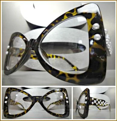 Classy Elegant Unique Retro Style Bow Shaped Clear Lens EYE GLASSES with Pearls