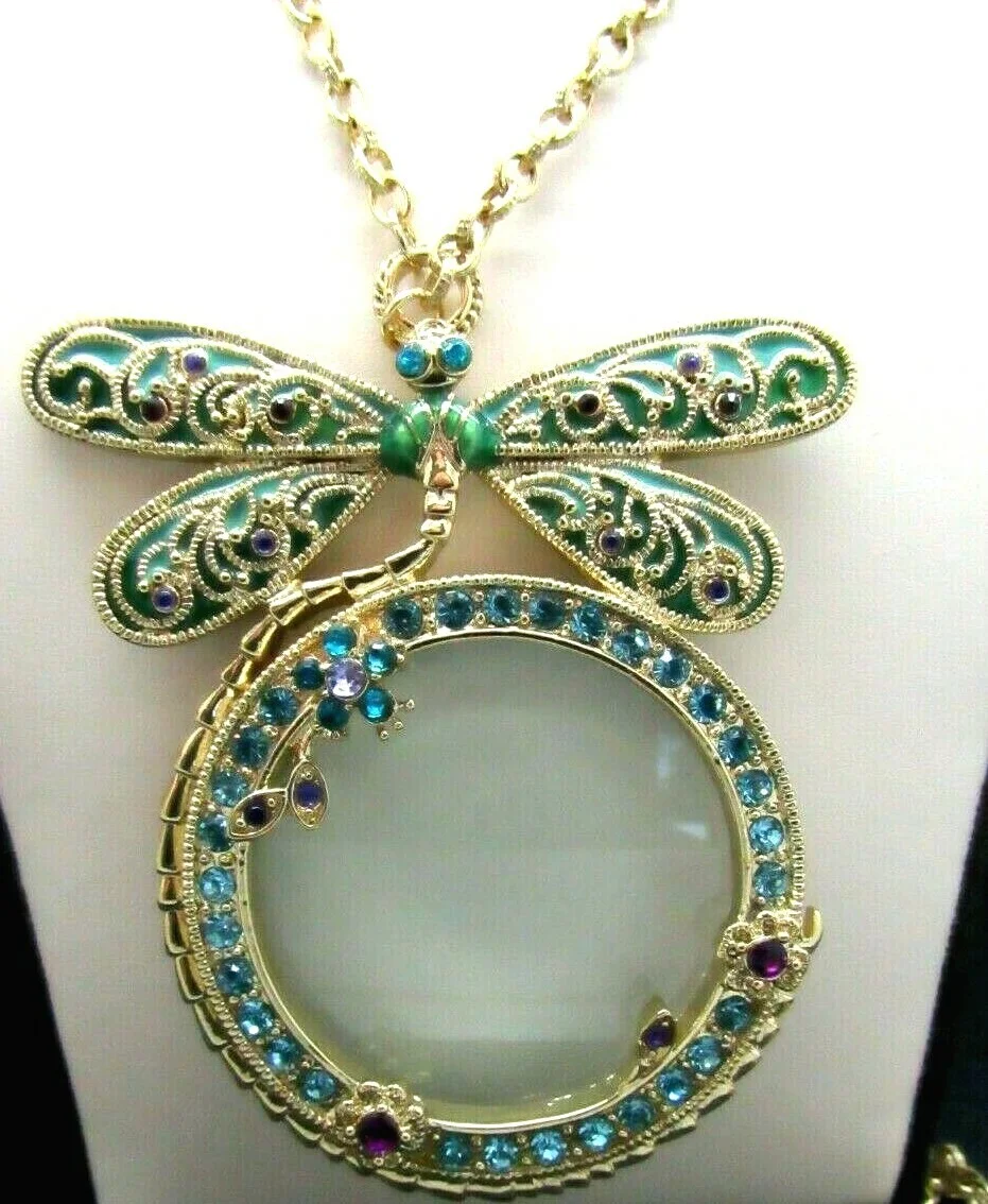 Colleen Lopez Dragonfly Magnifying Crystal Drop LORGNETTE Necklace New HSN 2