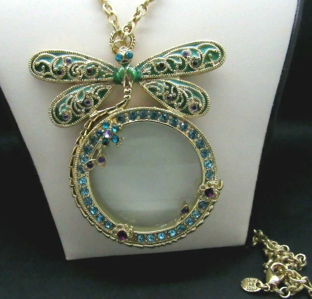 Colleen Lopez Dragonfly Magnifying Crystal Drop LORGNETTE Necklace New HSN 3