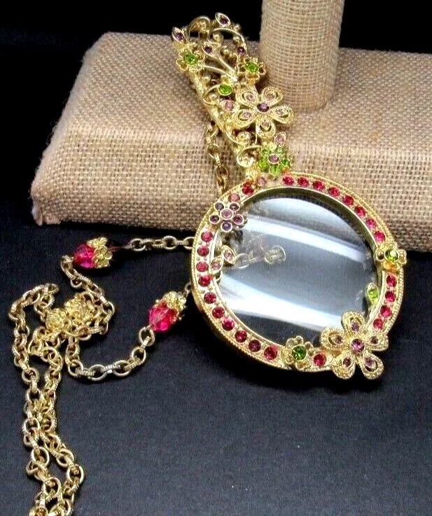 Colleen Lopez HSN FLORAL FLOWER LORGNETTE Magnifying Glass Necklace $212 NEW
