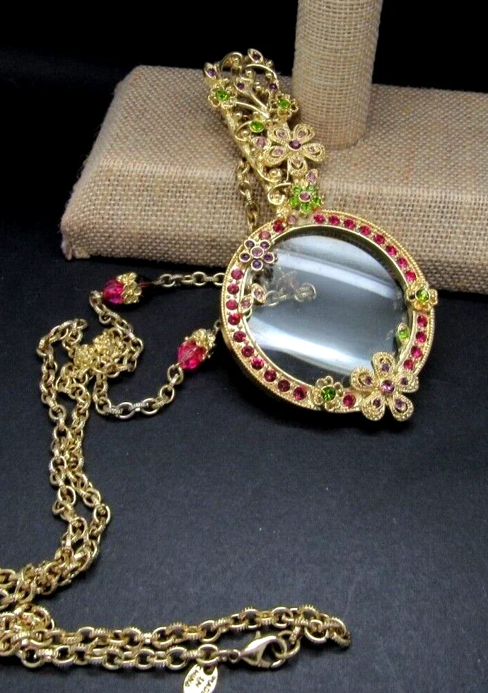 Colleen Lopez HSN FLORAL FLOWER LORGNETTE Magnifying Glass Necklace $212 NEW 2