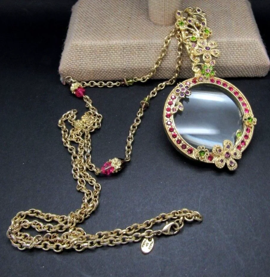 Colleen Lopez HSN FLORAL FLOWER LORGNETTE Magnifying Glass Necklace $212 NEW 4