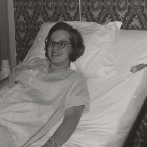 Cute Woman Wearing Cat Eye Glasses Lying In Hospital Bed Vintage Snapshot Photo 2