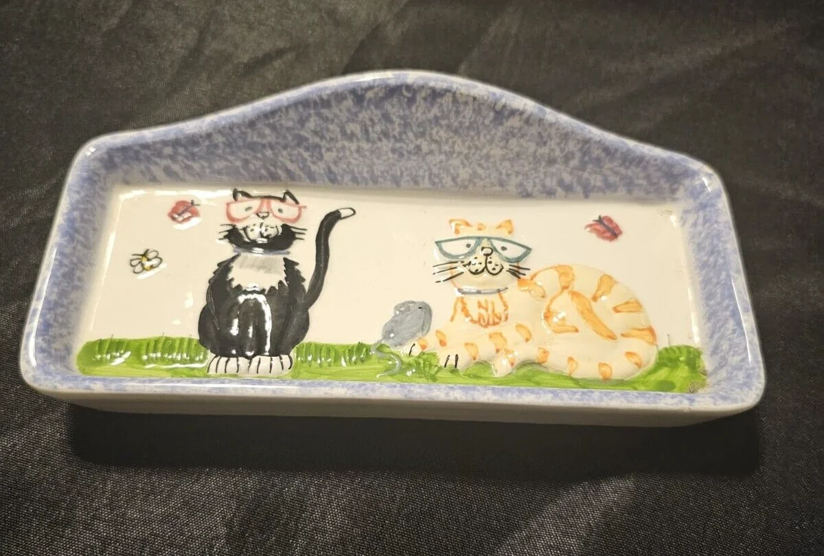 Cutest 3-D Kittens w Glasses Ceramic Eye Glass Holder / Tray / Dish - Exact Fit 4