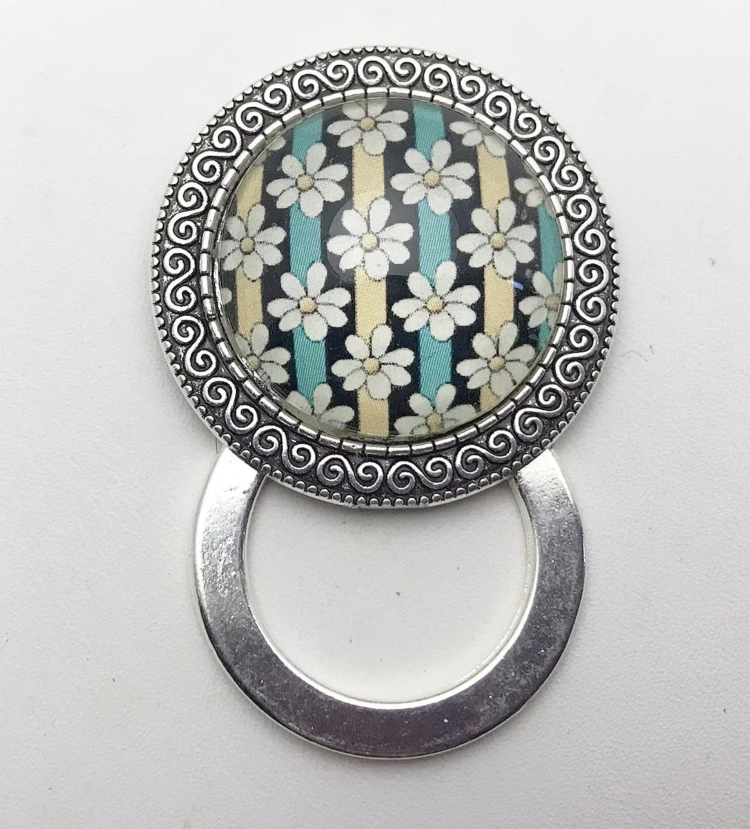 Daisy Stripes Magnetic Badge Eyeglass Holder, Teal Black Magnetic Pin Brooch