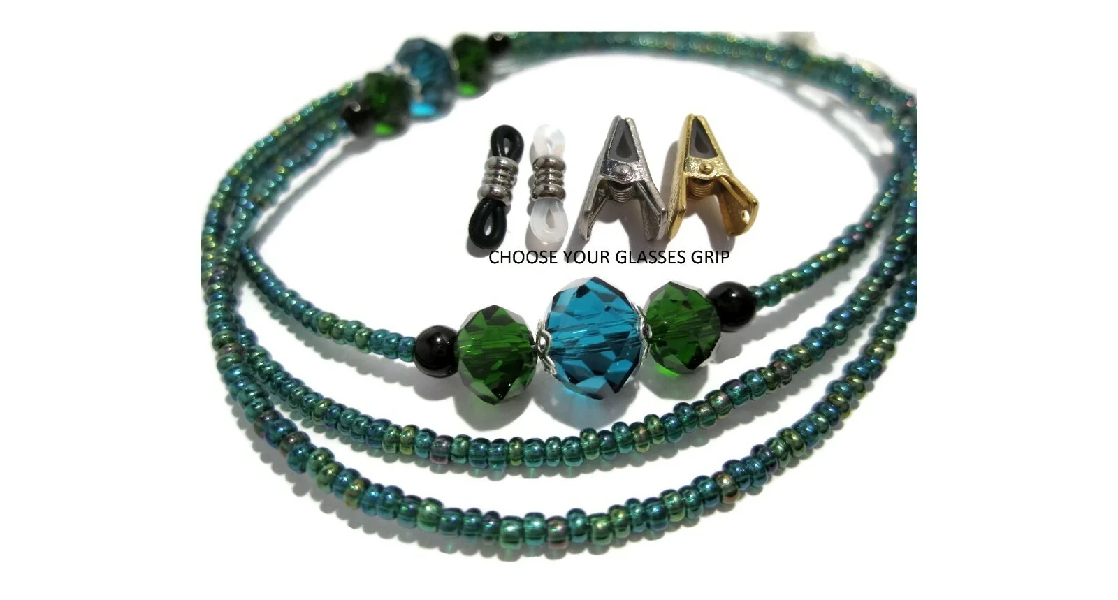 Dark Peacock Beaded Eyeglass Chain, Glasses Holder Lanyard, Choose Your Grips