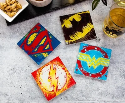 DC Comics Graffiti Superhero Logos Glass Coasters | Set of 4 2