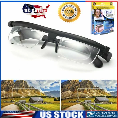Dial Adjustable Glasses Variable Focus for Reading Distance Vision Eyeglasses US