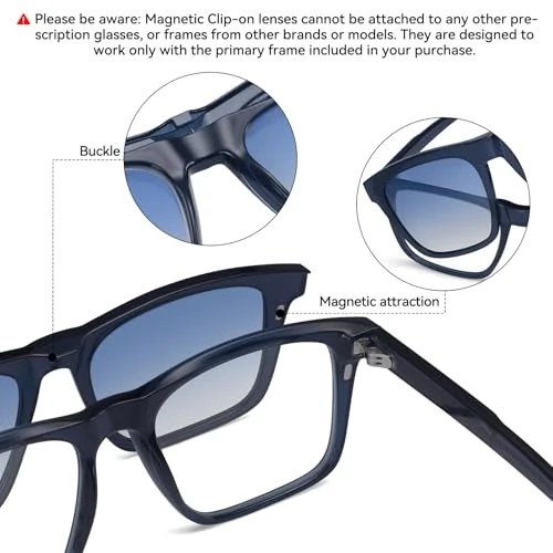 Dollger Magnetic Clip On Sunglasses Square Eyeglasses UV400 Men Women Sun Lenses lens Over Glasses Frames Non-prescription DG498-2025（Blue） 2